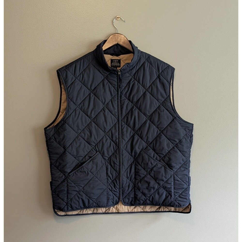 J. Crew Mens Size XXL 2XL Navy Blue Diamond Quilted Full Zip Vest Jacket Tan